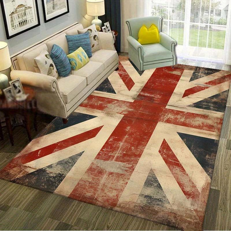 Vintage Union Jack Flag Printed Carpet - Large Polyester Floor Mat, Distressed Design for Living Room, Bedroom, Home Sofa Decor, Living Room