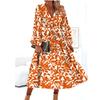 Bohemia European American Summer New Fashion V Neck Leaves Print Horn Long Sleeves Mid Length Long Length Dress Dress