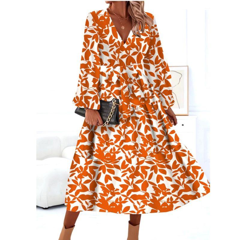 Bohemia European American Summer New Fashion V Neck Leaves Print Horn Long Sleeves Mid Length Long Length Dress Dress