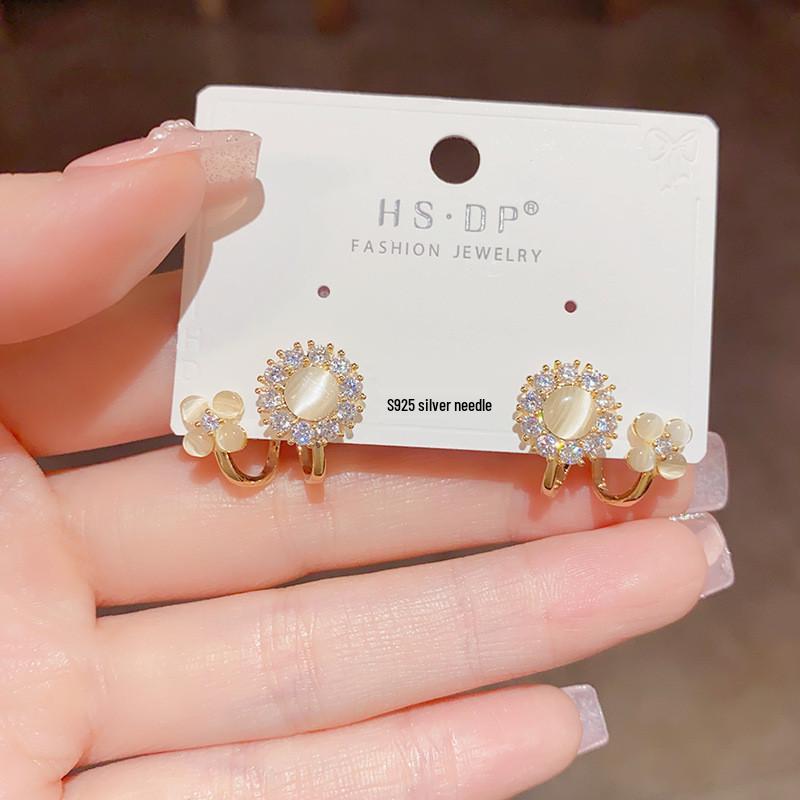 Elegant Cat's Eye Stone Flower Earrings: High-End S925 Silver Needle Studs, New Summer Niche Design