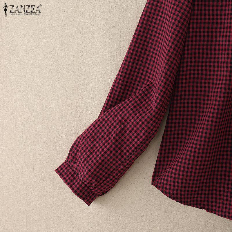 ZANZEA Women Casual Round Neck Long Sleeve Plaid Print Loose Blouse