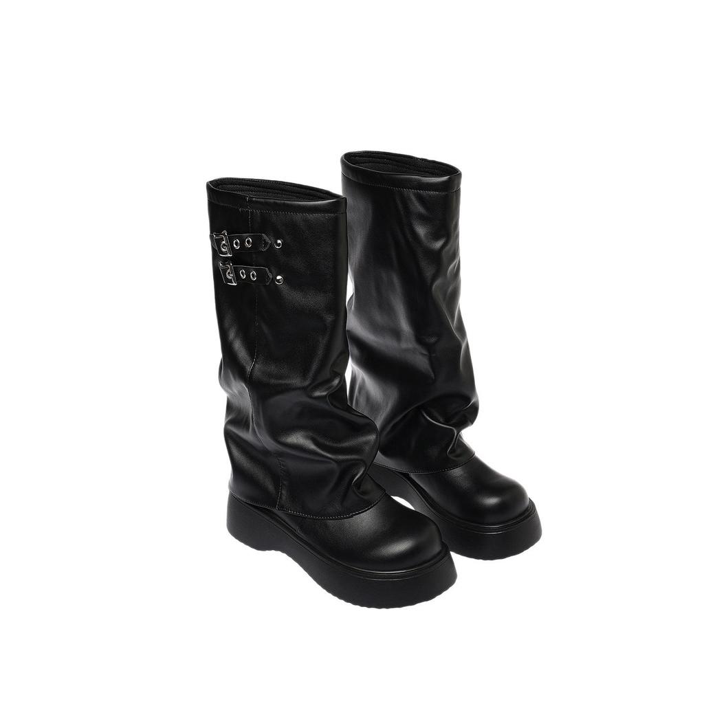 Women's Knee-High Platform Boots with Thick Soles, Height-Increasing Ruched Design, Martin Style, Sizes 34-45.