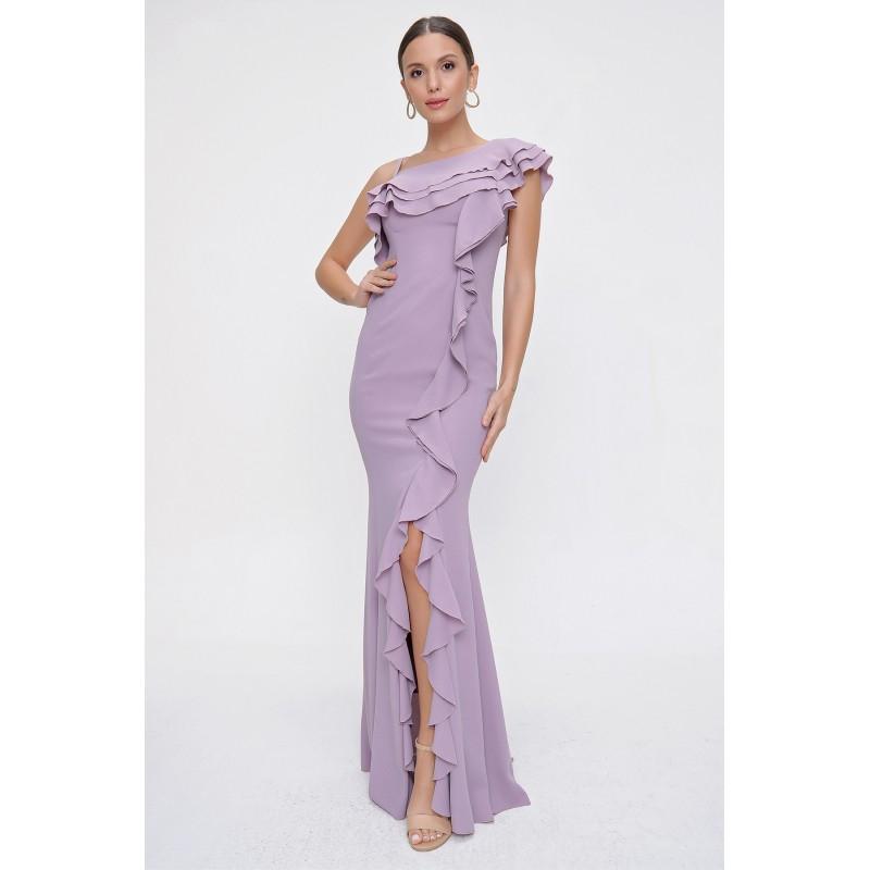 

Длинное креповое платье с асимметричным воротником и воланами с разрезом на подкладке