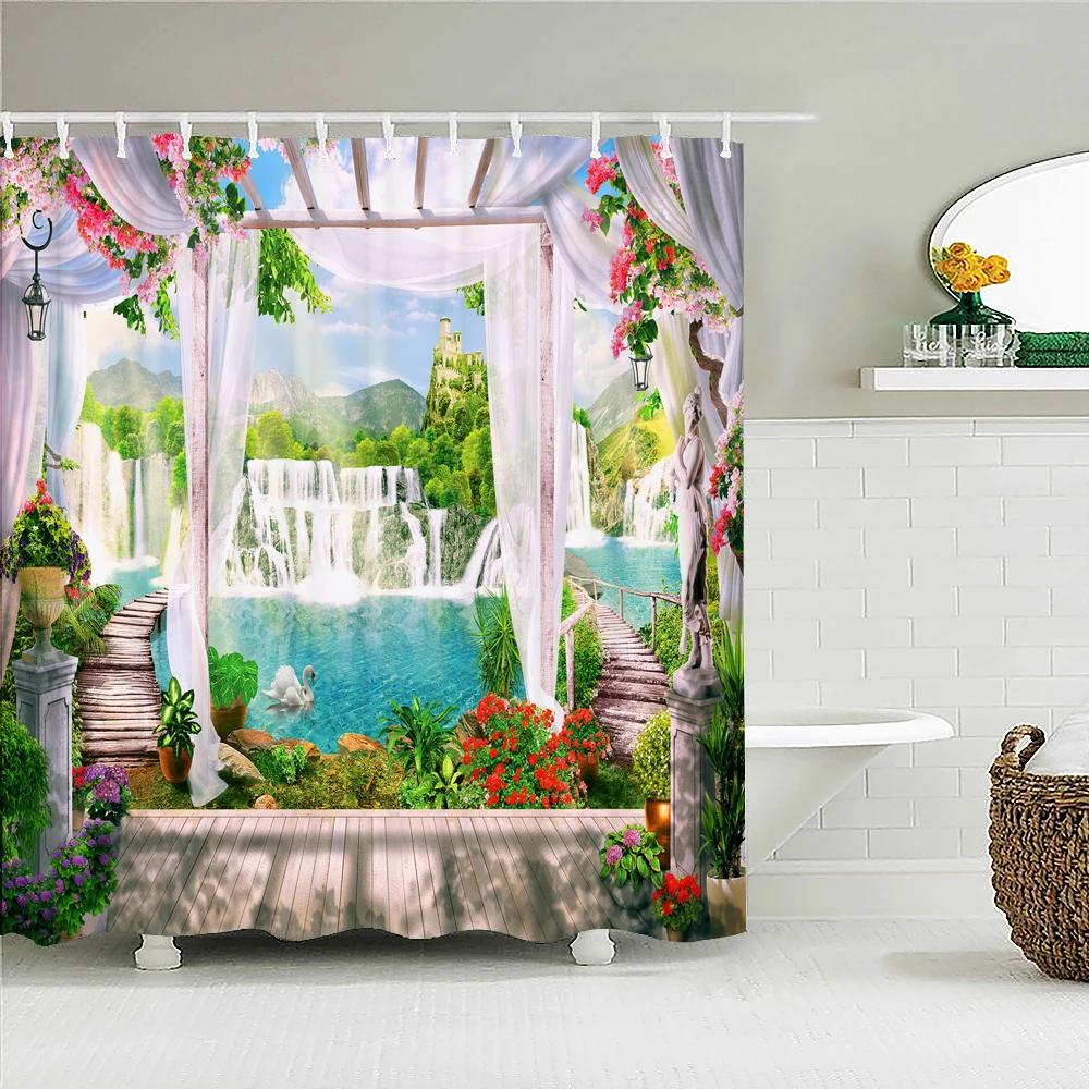 Flowers Garden Landscape Shower Curtain European Retro Rural Scenery Wall Decor Hanging Curtain Waterproof Bathroom Curtains