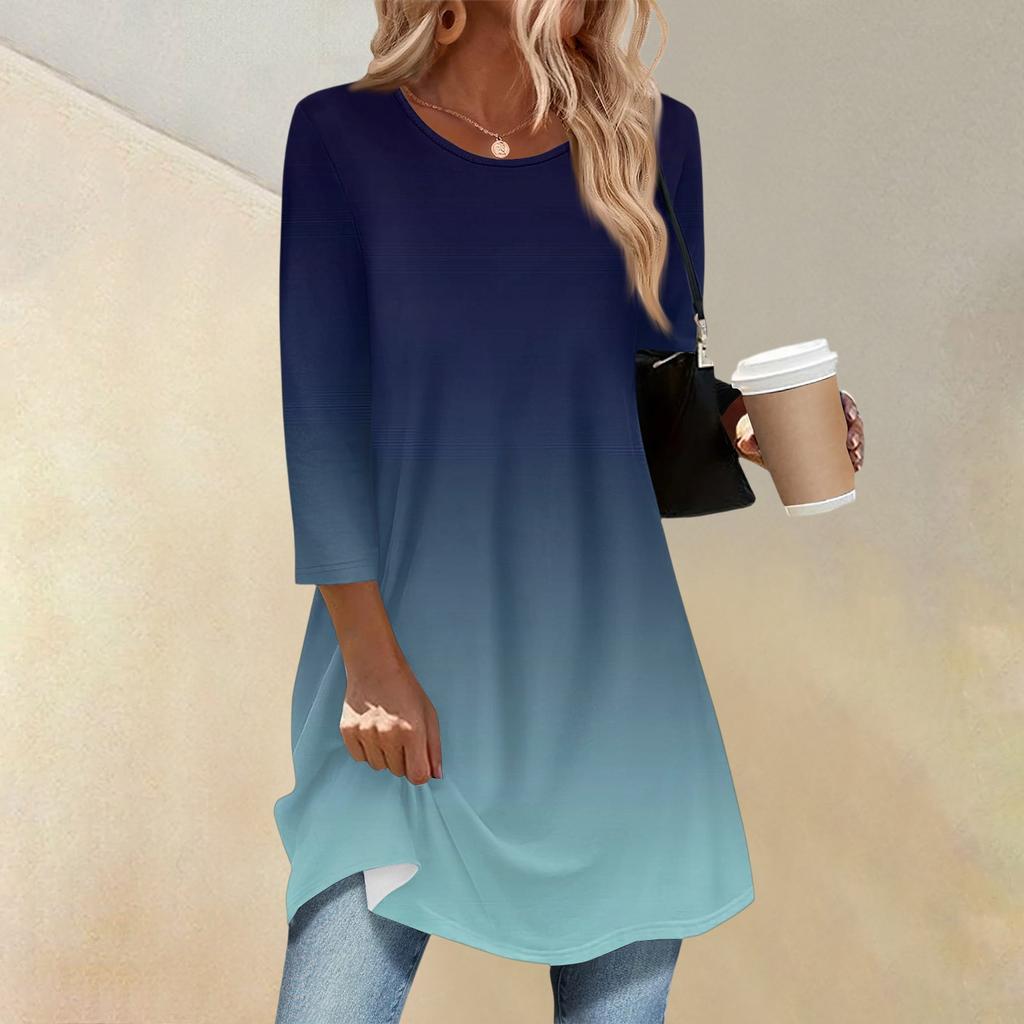 Women's Fashion Casual Three-quarter Sleeve Long Gradient Round Neck Top