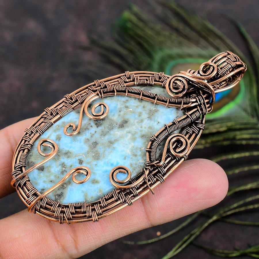 Natural Caribbean Larimar Gemstone Copper Wire Wrap Gift Pendant 3.59 I4S27