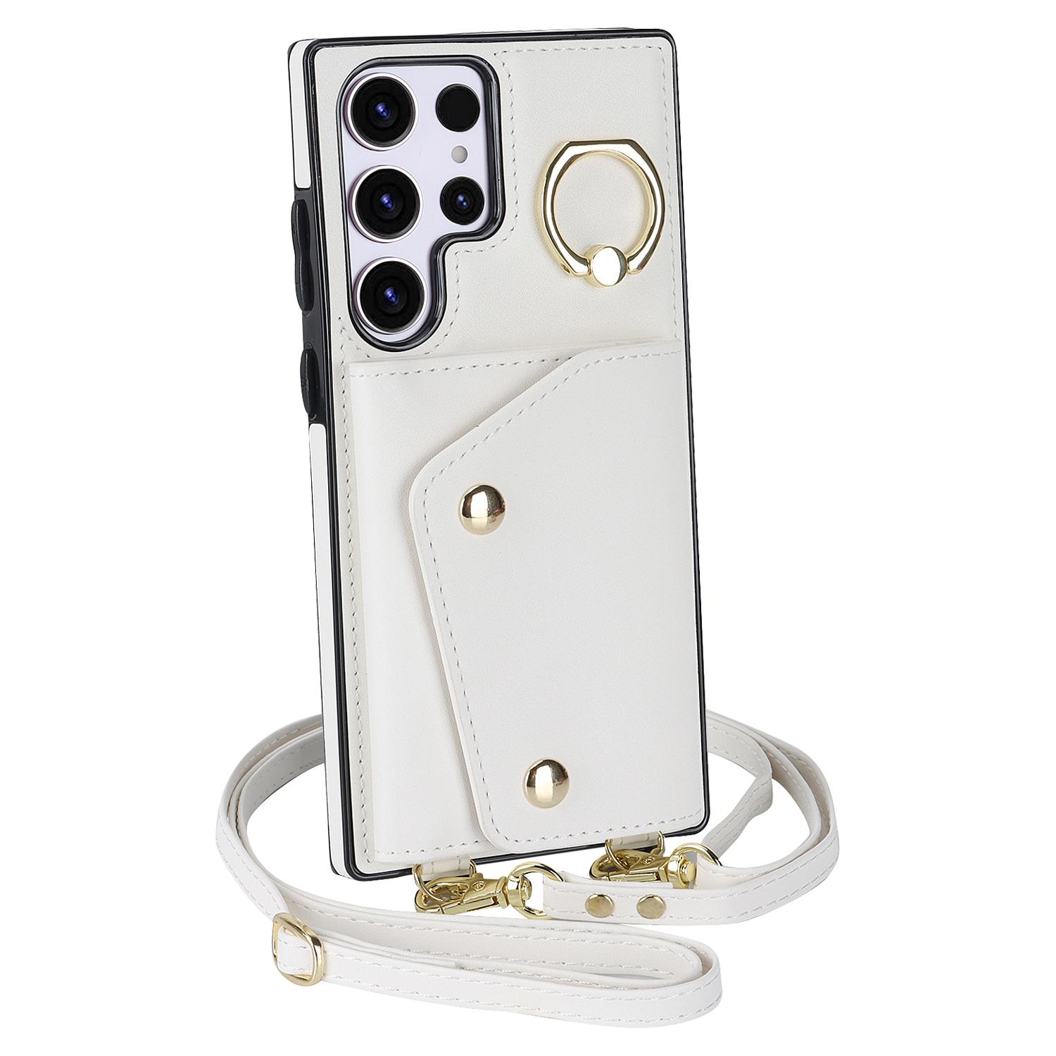 

Кожаный чехол-кошелек через плечо с держателем для колец для Samsung Galaxy S23 Ultra S22 Plus S21 FE A14 A54 A53/iphone 14 13 12 11 Pro Max, чехол для шнурка с солью Samsung A35 белый