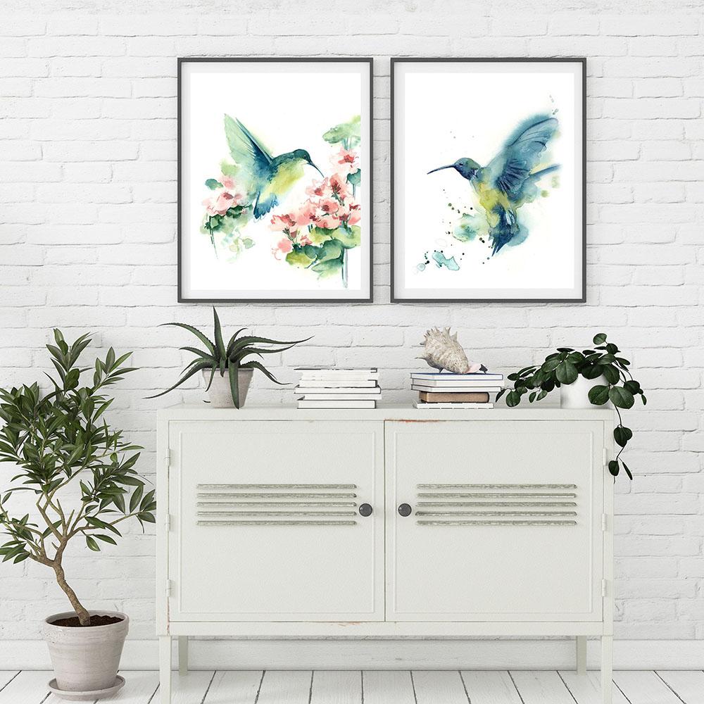 Nordycki współczesny plakat ze zwierzętami koliber kwiat akwarela płótno malarstwo obraz ścienny do salonu sypialnia Home Decor