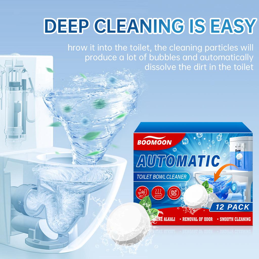 Automatic Toilet Cleaning Tablets 12 Packs - Pulse-Action Deep Cleaning, Instantly Removes Limescale & Urine Odors.