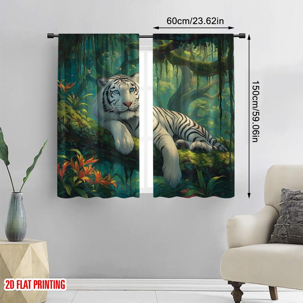 2 Stück 2D Flachdruck Vorhang Weißer Tiger Dschungel Digitaldruck Polyester Vorhänge Partydekorationen Verwendung für Schlafzimmer Büro