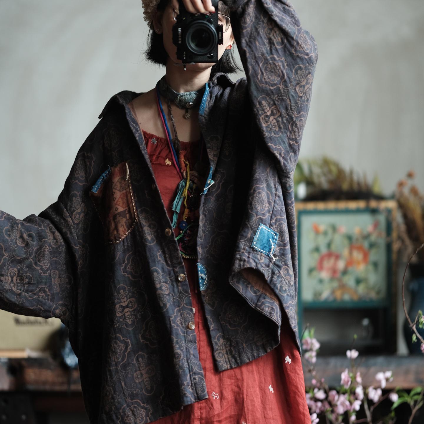 

Johnature Women Vintage Shirts Print Floral Tops Spring Chinese Style Turn-down Collar Long Sleeve Patchwork Shirts One Size темно-синий