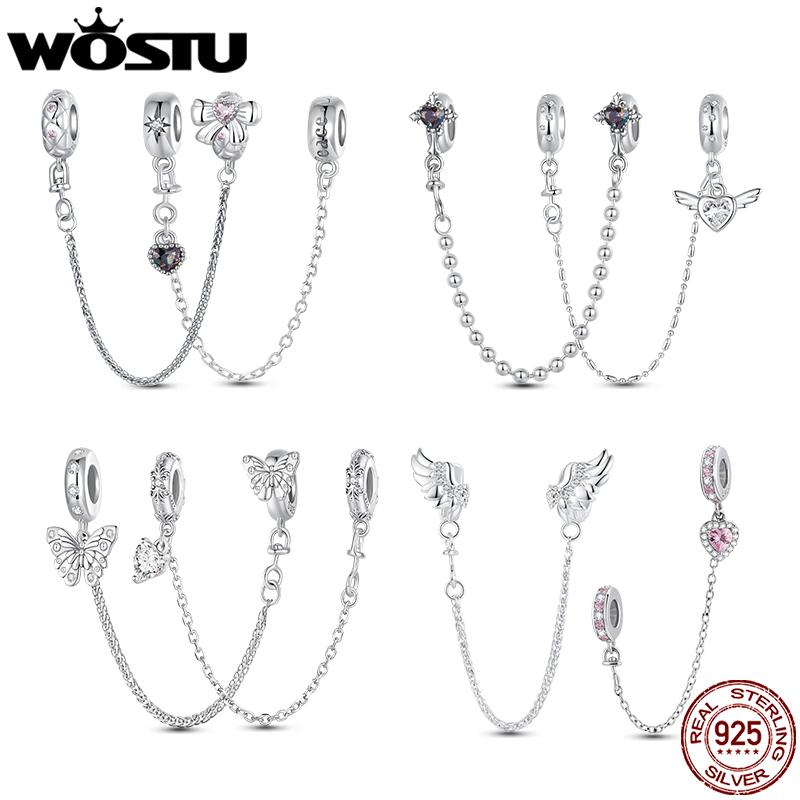 WOSTU 925 Silver Love Heart Silicone Safety Chain Butterfly Angel Wing Link Charm Fir Original Bracelet DIY Jewelry