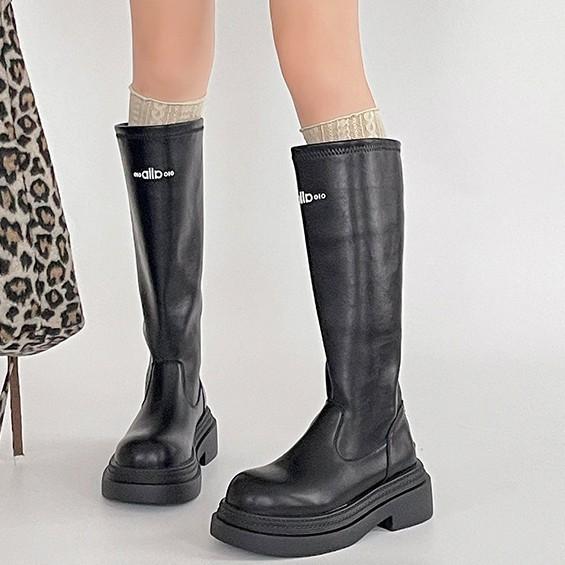 Simple letter thick heel boots women's autumn and winter fashion retro style thick-soled leather boots tall knight boots long boots