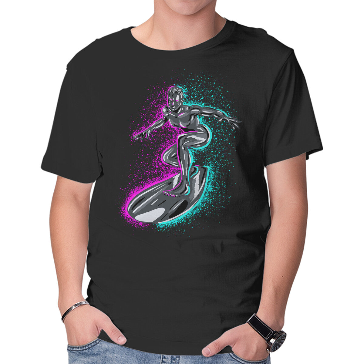 Unisex Crew Neck T-Shirt Neon Surfer Graphic Short Sleeve Casual Tee XS
