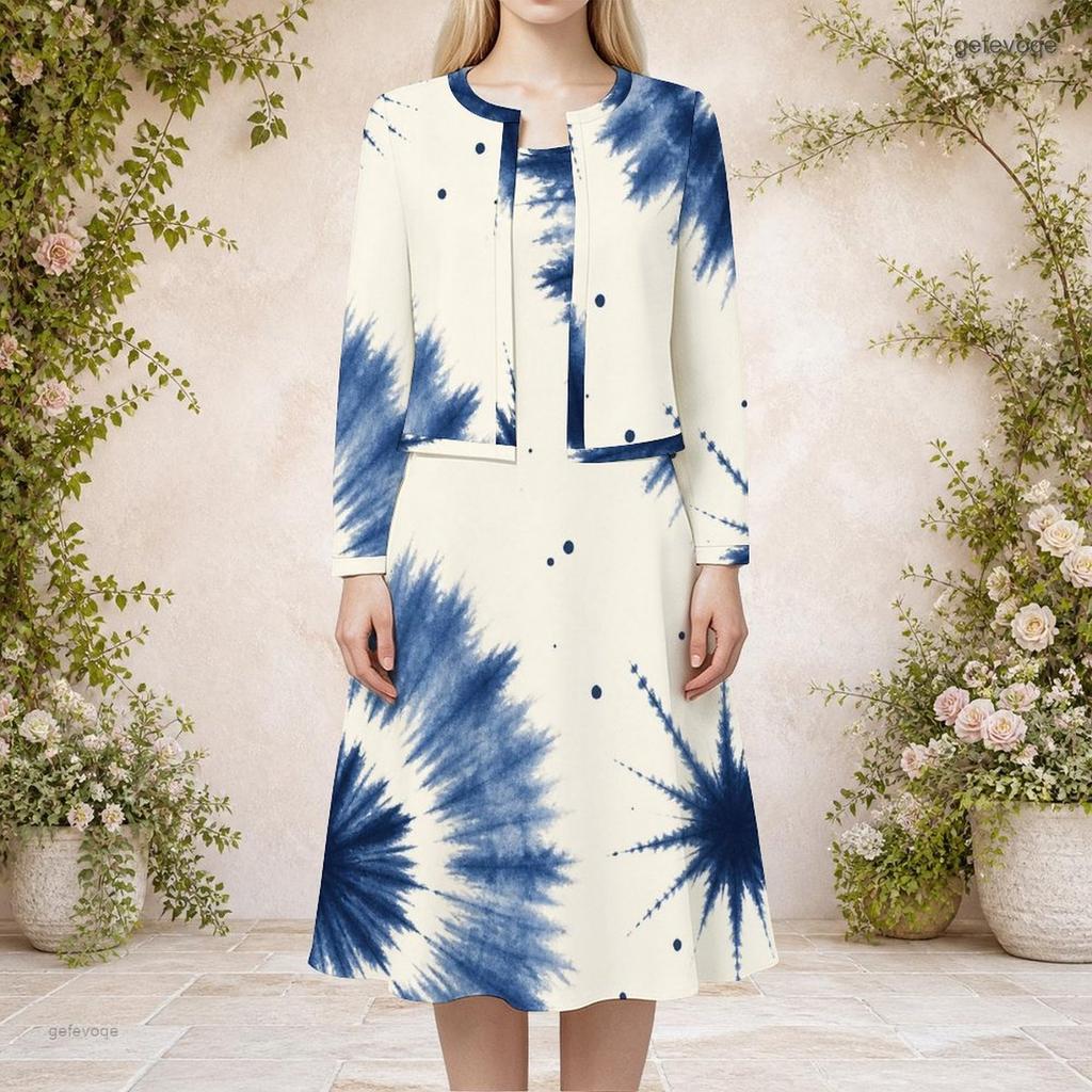 Women Plus Size Printed Round Neck Long Sleeve Cardigan Sleeveless Long Dress Two Piece Set
