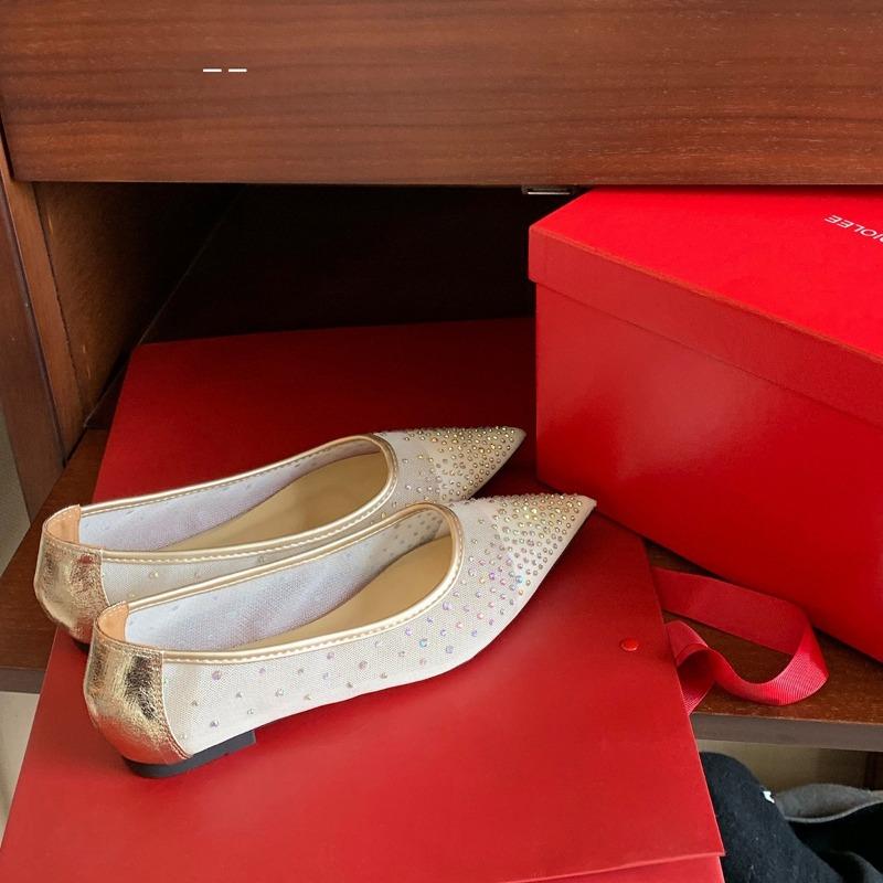 Hair~ Elegant small pointed tip breathable mesh rhinestone versatile shallow mouth single shoes women