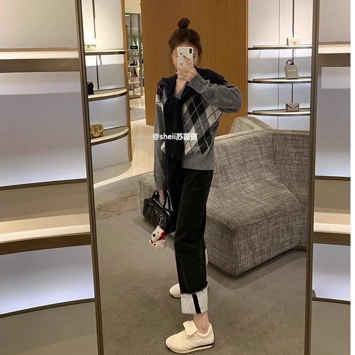 2025 new tongue-turning leather Agande training shoes women's platform casual lightweight rhombus round head lace-up sports shoes