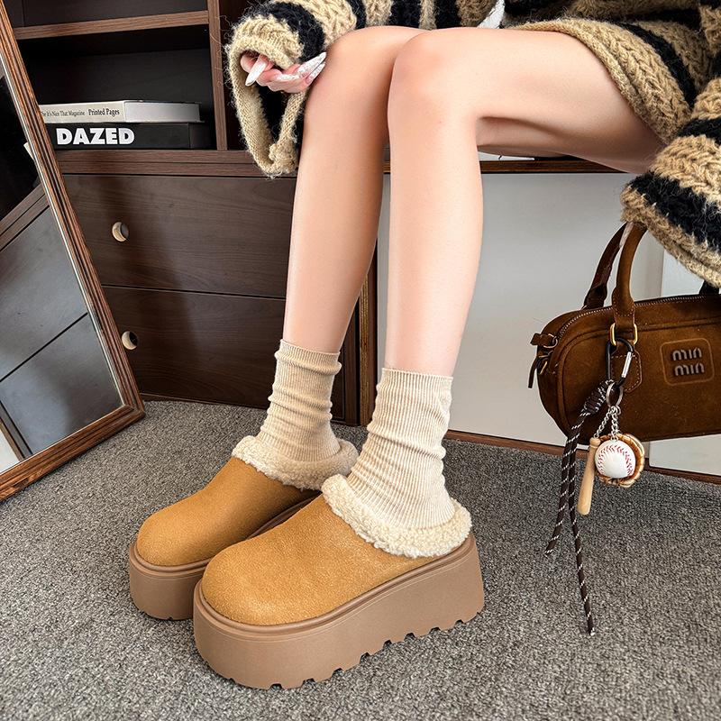 French Retro Baotou Half Slippers Women's Outer Wear Autumn and Winter New Heightened Thick-soled One-pedal Birkencotton Slippers