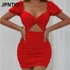 JPNTKY Women's Fashion Summer Spring Solid Color Print Short Sleeve V-Neck Casual Dresses