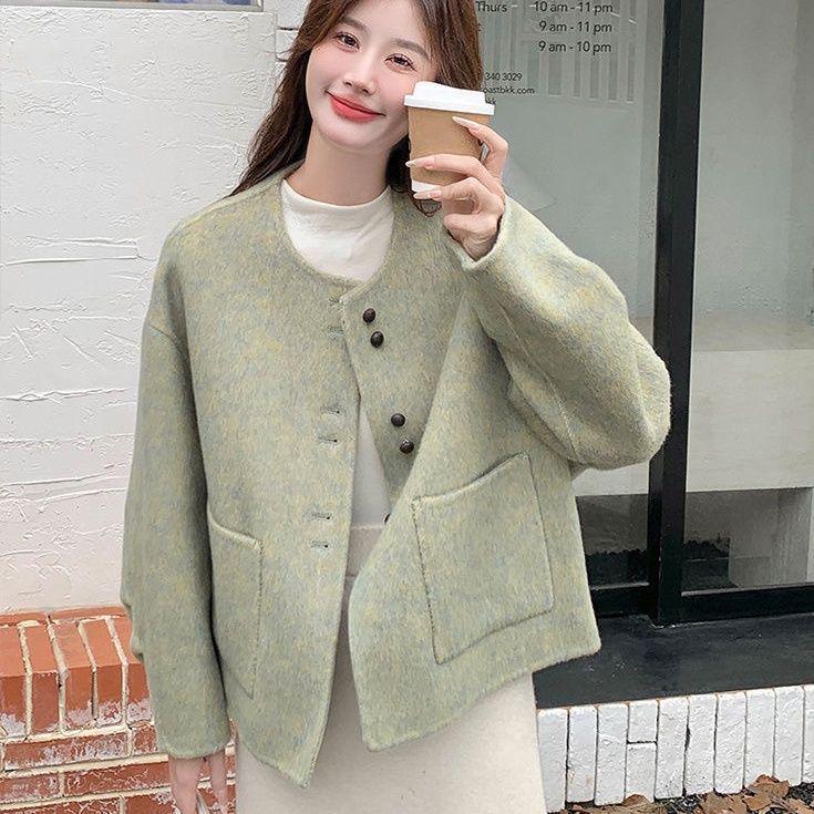 

Green Korean Style Handmade Wool Coat - Short, Versatile, Petite Fit S (90-110 jin)
