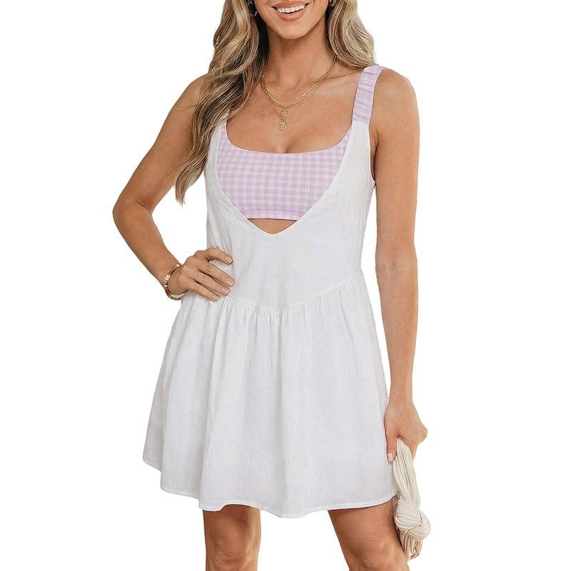 Women s Square Neck Sleeveless Mini Dress High Waist Cutout Gingham Patchwork Sexy Summer Dress S