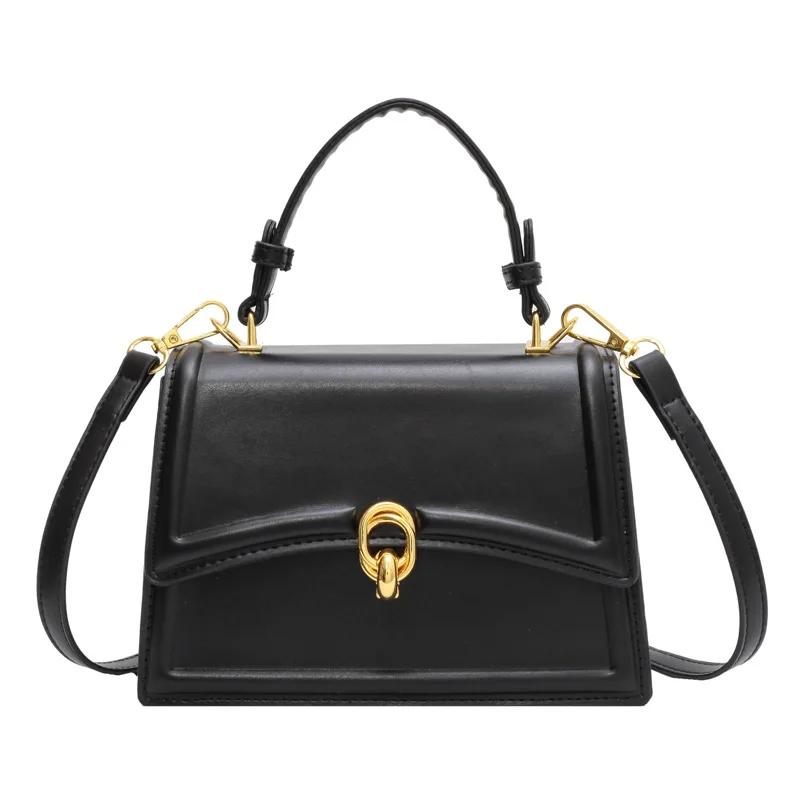 Small Portable Black Square Shopping Bag Versatile Textured PU Shoulder Bag Popular Fashion