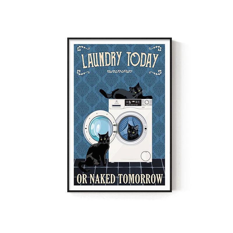 Retro Kitten Cartoon Canvas Painting Bathroom Toilet Poster Toilet Children's Room Decoration Painting for Modern Living Room Asian Style Home Decor