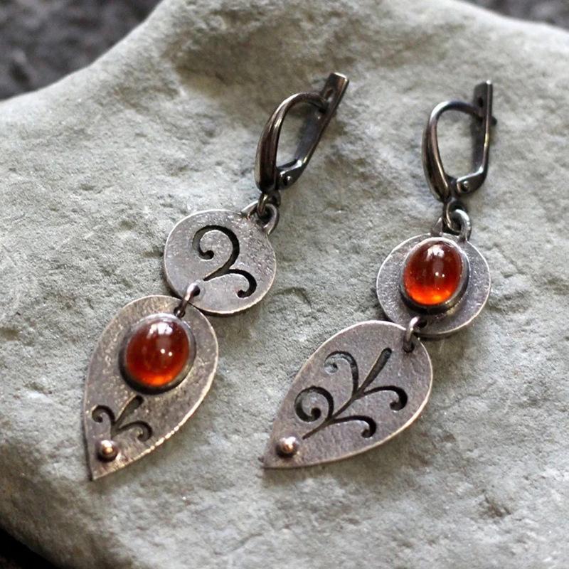 Vintage Silver Color Round Waterdrop Carving Flower Red Stone Dangle Earrings for Women