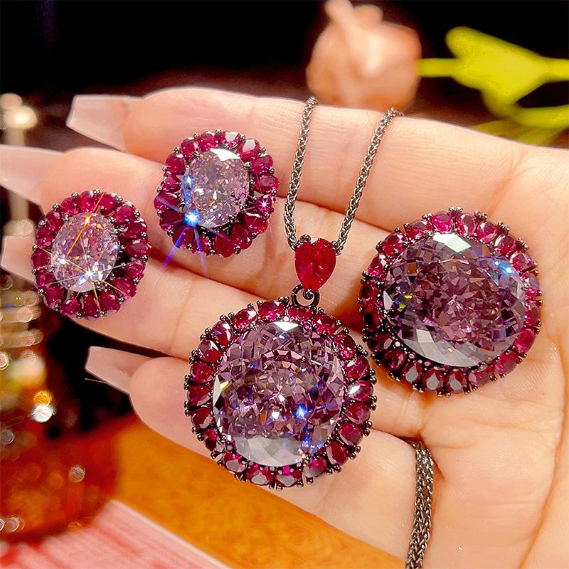 Women's Trendy Flower Shape Pearl Inlaid 18K Gold Plated Brass Copper Alloy Movable Ring Pendant Necklace Set