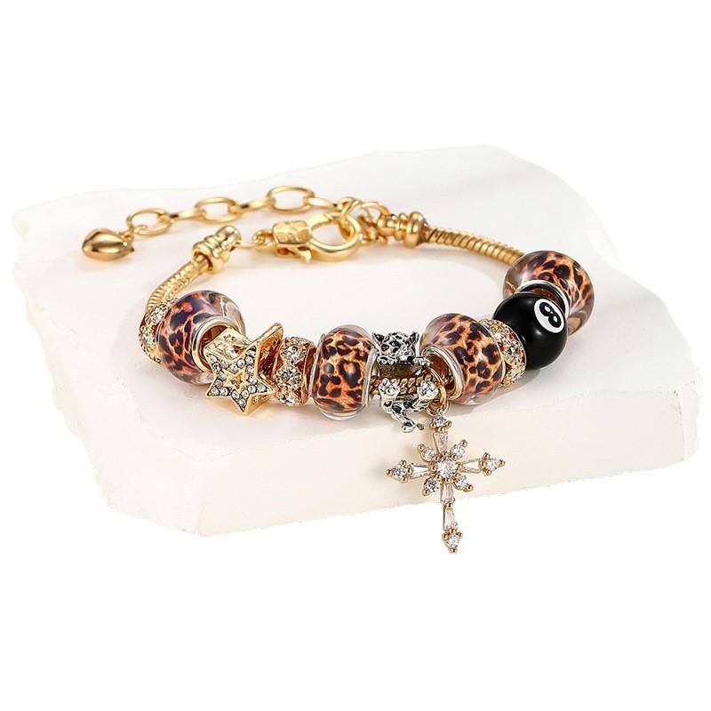 Elegantes Leopardenmuster Kreuz-Anhänger Verstellbares Kupferarmband Für Damen