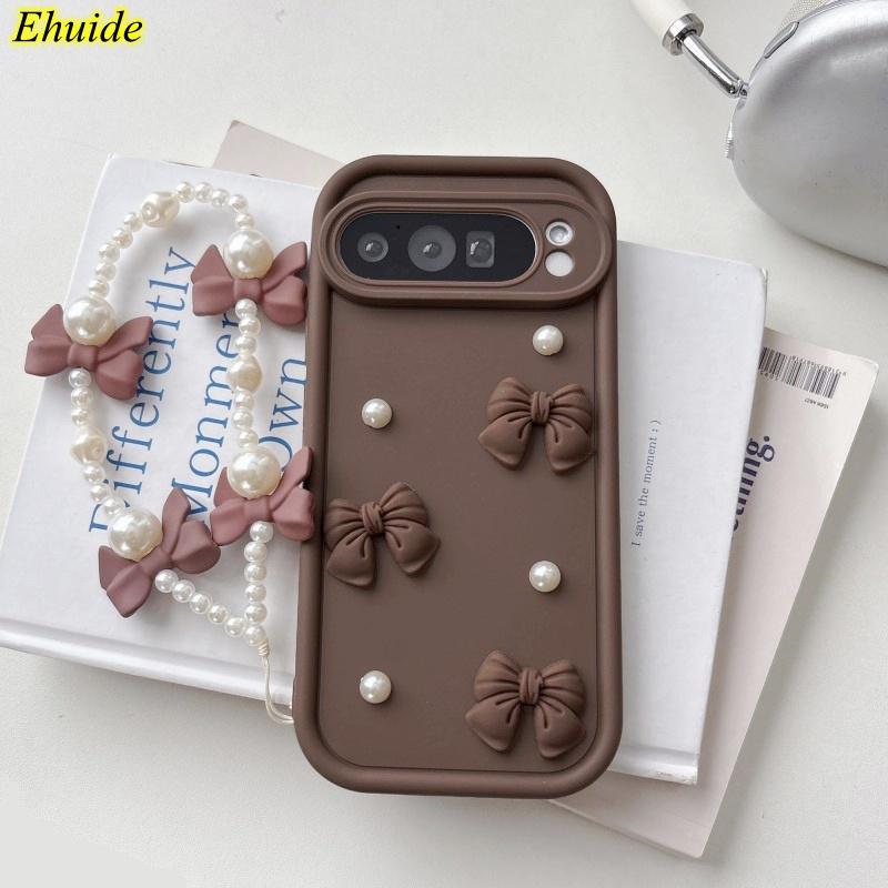 

3D Elegant Bowknot Faux Pearl Chain Phone Case For GOOGLE Pixel 9 Pro XL 8 8A 7 7A Pixel8 Short Strap Lanyard Soft Back Cover Pixel 9&Case & Strap