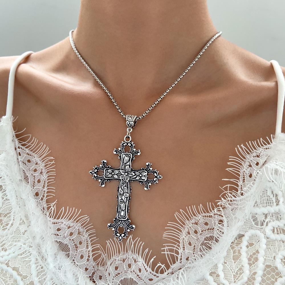 Vintage Gothic Cross Pendant Necklace Large Fashion Women's Long Necklaces Stainless Steel Chain Jewelry Goth Accessories