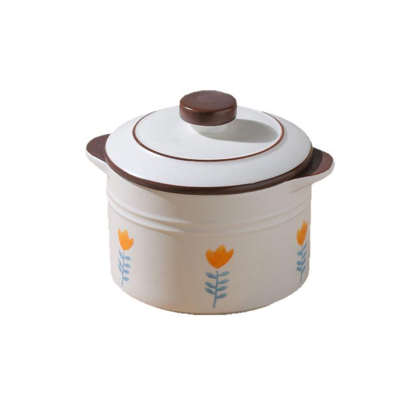 Double-Eared Insulated Ceramic Stewing Pot with Lid for Soups and Egg Custard