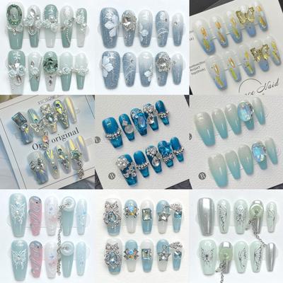 Uñas artificiales hechas a mano con forma de ataúd, color verde azulado, con diamantes de imitación, camelia, cadena degradada, estilo chino versátil y nuevo, uñas de fototerapia