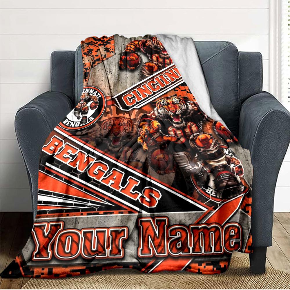 Name Custom Cincinnati Bengals Logo Print Flannel Blanket High Quality Warm Comfortable Cover for All Seasons Perfect for Gifts Home Decor