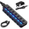 Jiaichichenju USB Hub 7 Port 5Gbps Vysokorychlostní Lehký Kompaktní USB Port Modrý LED USB Hub Napájený střídavým proudem 1 Metrový Kabel USB3.0 Hub,