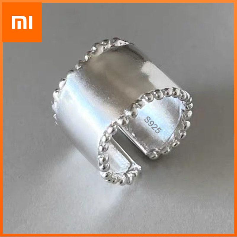 Xiaomi 925 Sterling Silver Rings For Women Geometric Fine Jewelry Finger Adjustable Vintage Wide Smooth Ring For Party Birthday Gift