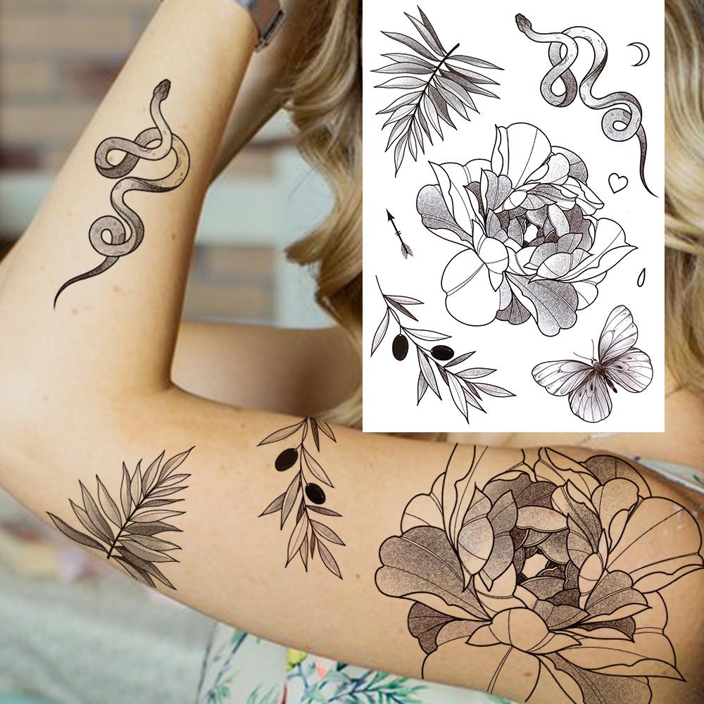 Owl Bird Temporary Tattoos For Women Fake Peony Flower Tattoo Sticker Black Body Art Drawing Tatto Diamond Crystal Jewelry Tatoo