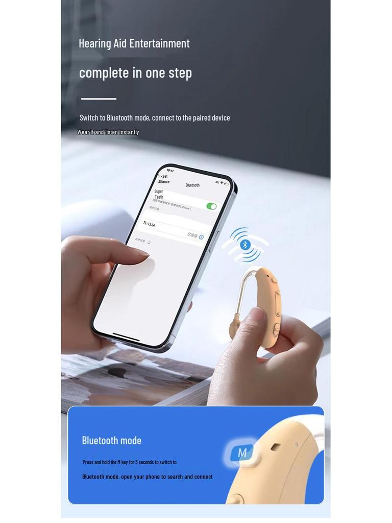 Rechargeable Behind-the-Ear Bluetooth Hearing Aid for Moderate To Severe Hearing Loss, Featuring Invisible Noise Reduction for the Elderly.