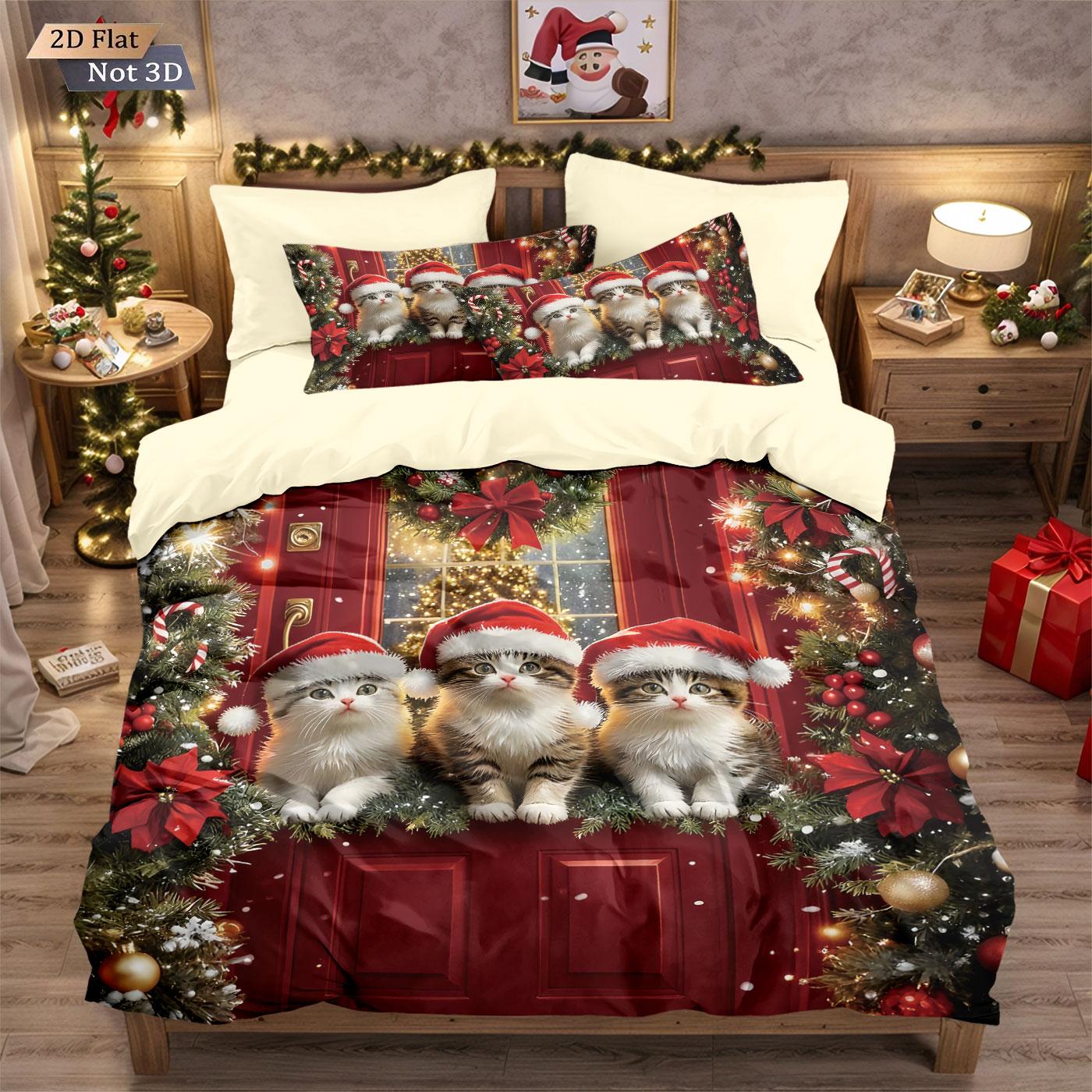 

3pcs red Christmas cat print coreless duvet set, multi size bedroom, holiday bedding, holiday decorations, machine washable 135x200cm-EU-Single&set