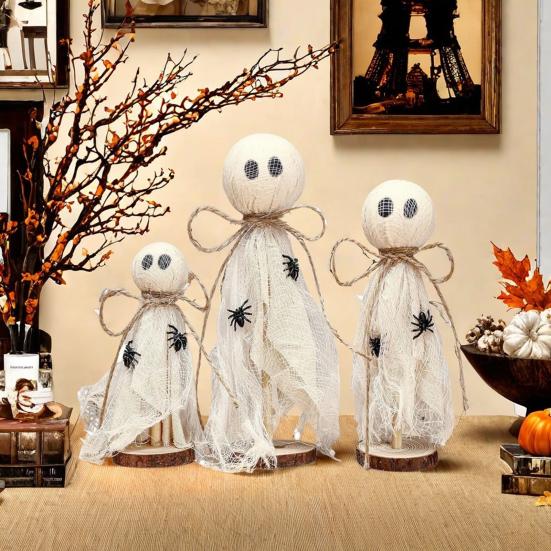 3Pcs Rustic Halloween Ghost Decor Handcrafted Wooden And Fabric Ghost Figurines 3 Sizes Farmhouse Style Shelf Decorations Party Supplies