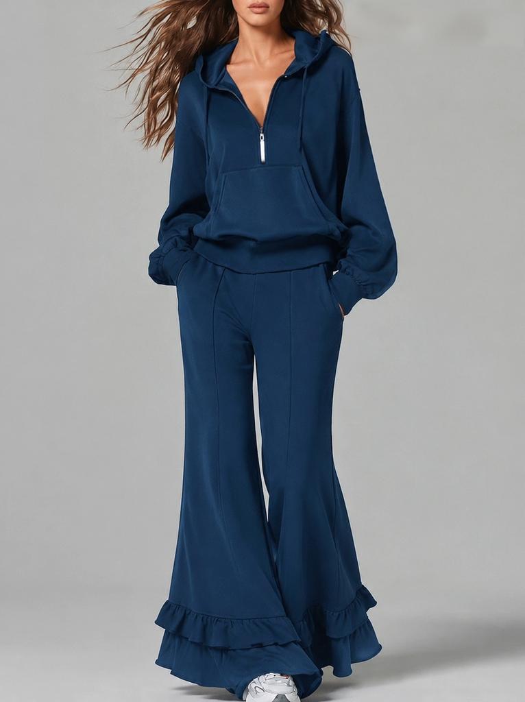2026 Amazon popular women's clothing casual hooded half-zipper sweater set ruffle edge flared pants two-piece set women