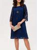 Lace Embroidered Midi Dress with Hollow-Out Design, Round Neck, and Three-Quarter Sleeves.