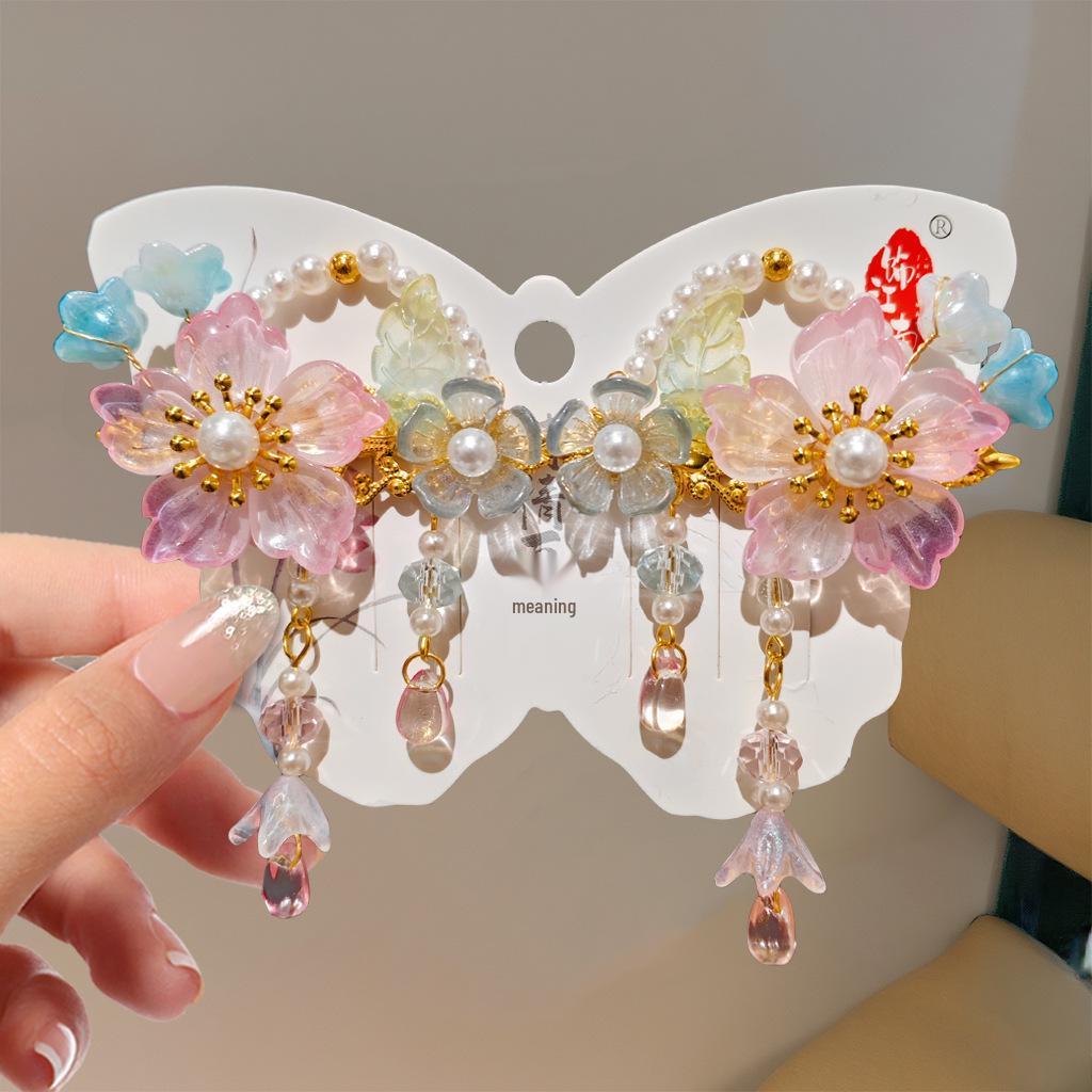 Mid-Autumn Hanfu Fairy Hair Clip - Women's & Children's Ancient Style Floral Tassel, Sweet Accessory for Girls