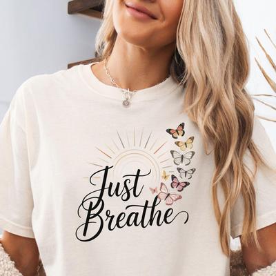 Just Breathe Comfort Colors Shirt, Cute Motivational Butterfly Sweatshirt, Yoga Meditation Tee, Mental Health Relaxing Inspirational Gift
