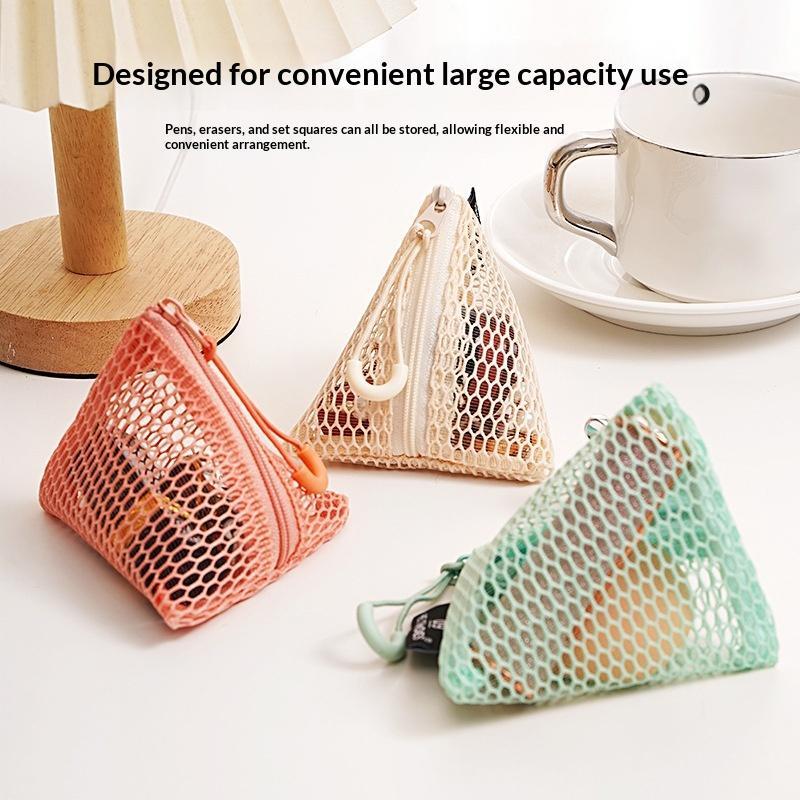 Triangular Mesh Bag Lipstick Jewelry Cosmetic Bag Portable Rope Design Mini Coin Purse Dopamine Color Candy Color Storage Bag