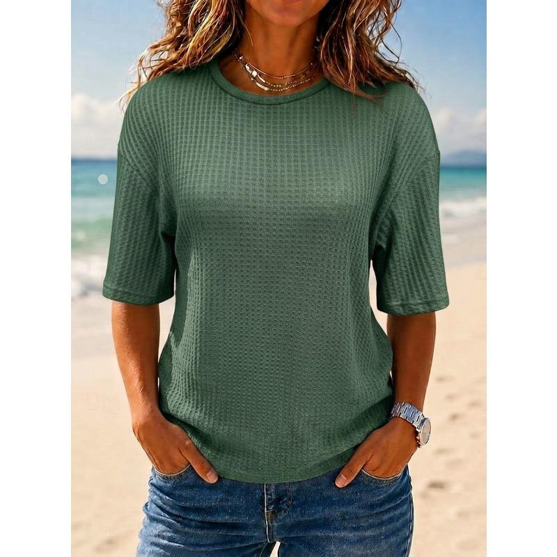 Casual Waffle Women Fashion T-shirt Top Summer Loose Solid Color Tee Tops Female All-matching Women T-Shirts
