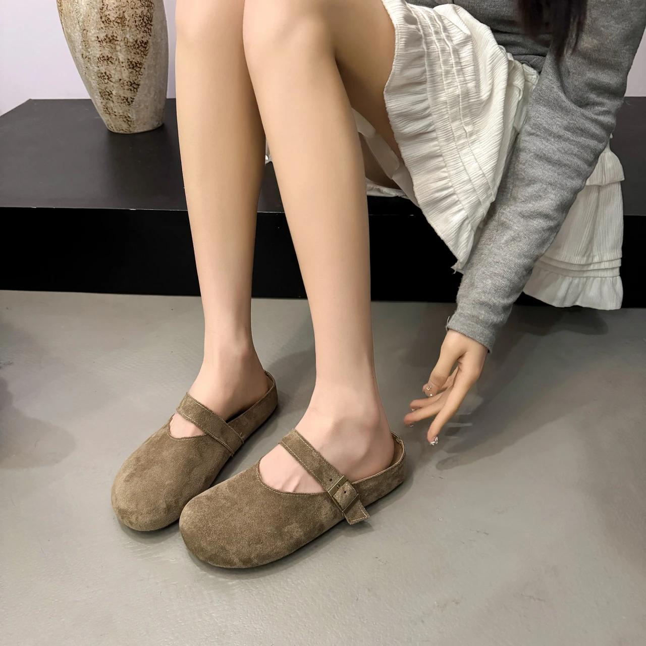 

Женская обувь больших размеров бархатные полушлепанцы с хлебным носком, весна-лето, новые, с круглым носком и пряжкой, плоские туфли Burken 42 хаки