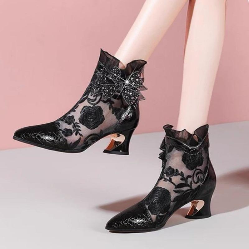 Fashion 2025 Plus Size Women's Fashion Boots Lace Embroidery Ankle Sandal Boots Crystal Bow Tie Back Zip Stylish Retro Summer Footwear