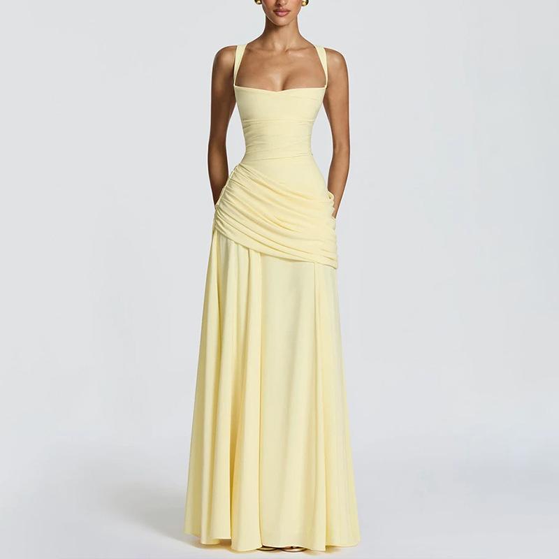 Rock Damen Sommerkleid, Europäische und Amerikanische Damenbekleidung, Strandurlaub Stil Einfarbig Taille Hosenträgerkleid